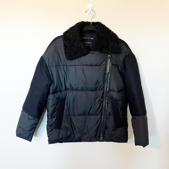 Allsaints All Saints Elita Biker Puffer Puffa Sherpa Parka coat black small - Picture 1 of 11